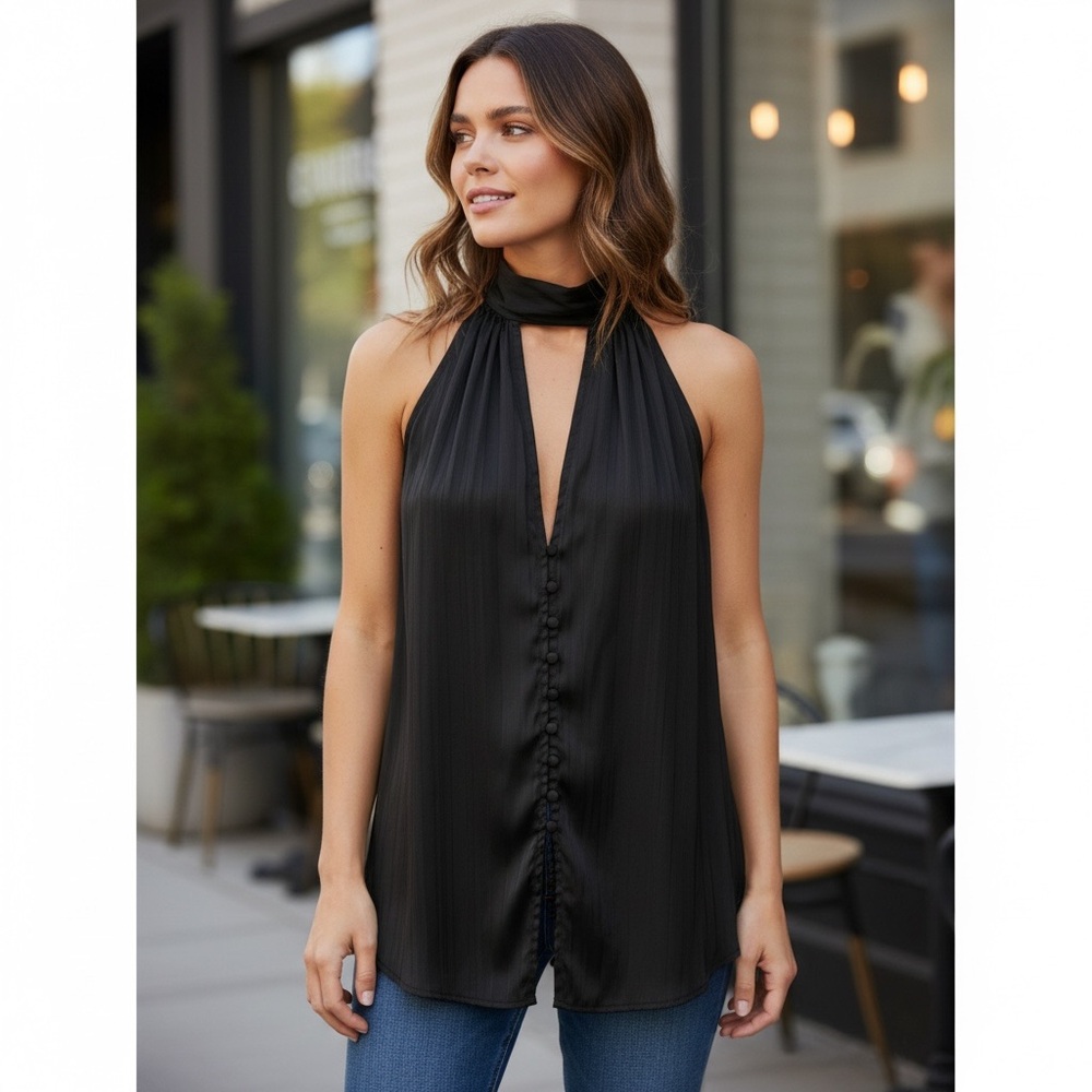 ❤️ NWOT! Anthropologie Black Satin Halter Deep V Tuxedo Top